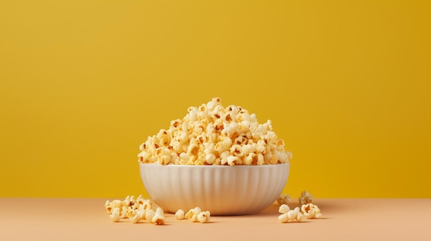 popcorn in a bowl with a yellow background