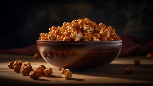 Popcorn in a bowl on a wooden backgroundgenerative ai