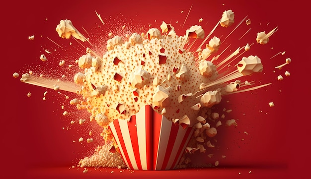 A popcorn box with a red background and the word popcorn on it