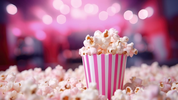 Popcorn in a bucket on a pink blurred background in cinema hall AI