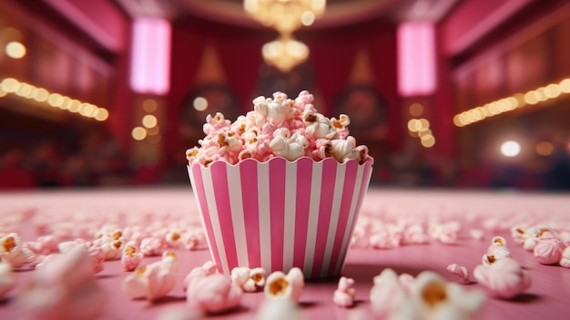 Попкорн в ведре на розовом размытом фоне в кинозале AI