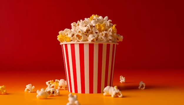 A popcorn bucket with a red background and the word popcorn on it