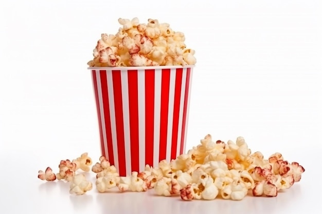 Popcorn in a bucket with red stripes on a white background