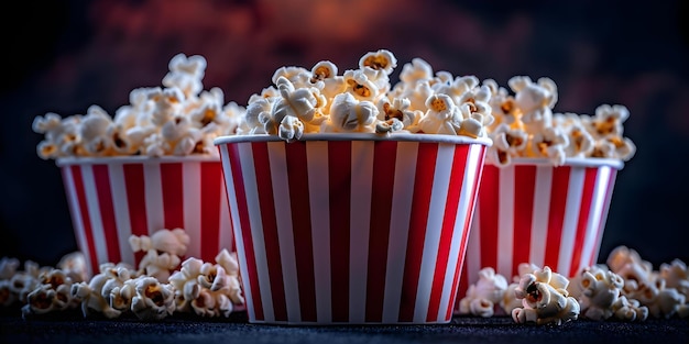 Photo popcorn bucket with red and white stripes displayed outside a movie theater concept movie theater popcorn bucket red and white stripes snack display entertainment