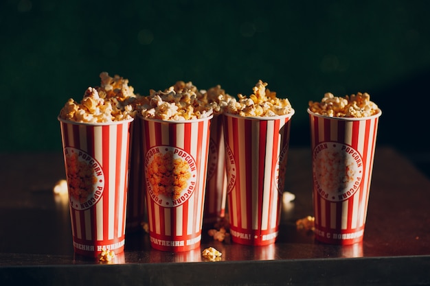 Photo popcorn in cardboard cups on the counter