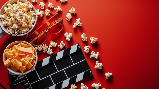 Photo popcorn covered in cheese and caramel clapper board sunglasses and reddish backdrop generative ai