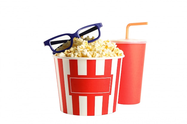 Popcorn, cup with straw and 3d glasses isolated on white background