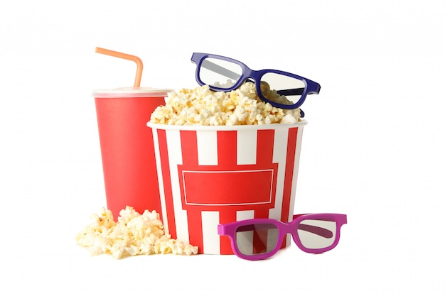 Popcorn, cup with straw and 3d glasses isolated on white