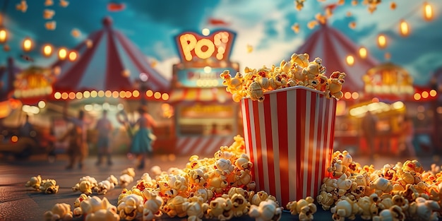 Popcorn een borrelende kermis omgeving opgenomen een popcorn stand waar enthousiaste individuen kunnen krijgen heerlijk popped popcorn en ruimte Generatieve AI