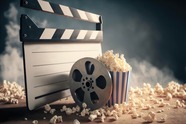 Foto popcorn emmer clapper board en filmrol in grote bioscoop