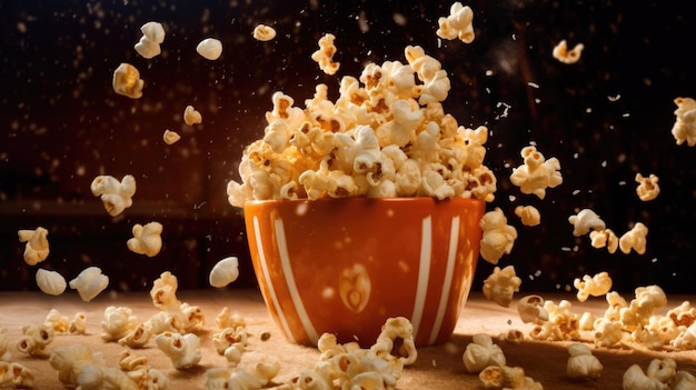 Popcorn falling into a bowl with the word popcorn on it