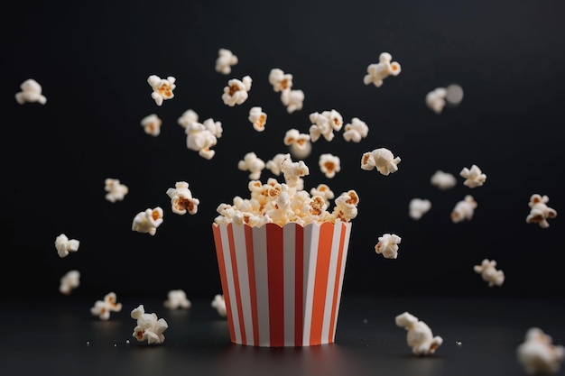 Popcorn flying from bucket TV and cinema concept