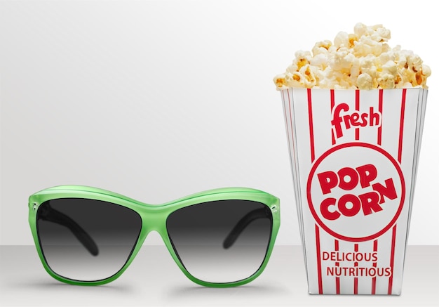 Popcorn food in box and 3d glasses