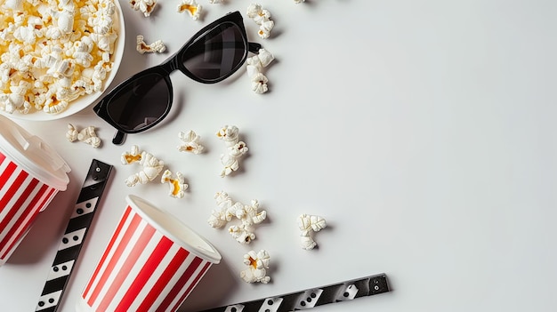 Photo popcorn glasses and movie clapper on white background ai generative