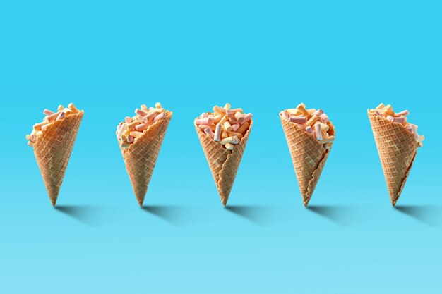 Popcorn in ice cream cones on blue background