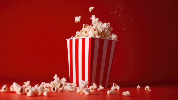 Popcorn in een gestreepte emmer met een rode achtergrond