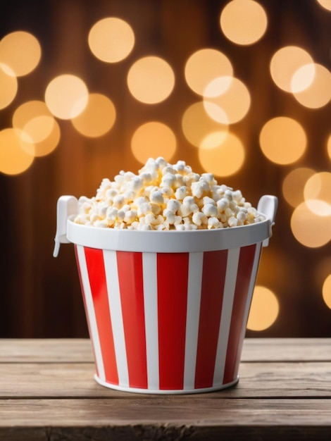 Popcorn in een gestreepte emmer op een houten tafel