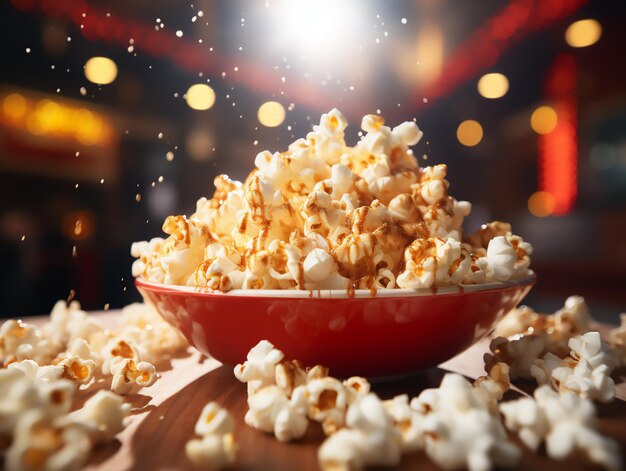 Foto popcorn in een schaal met karamel licht vervaagde achtergrond gegenereerd door ai