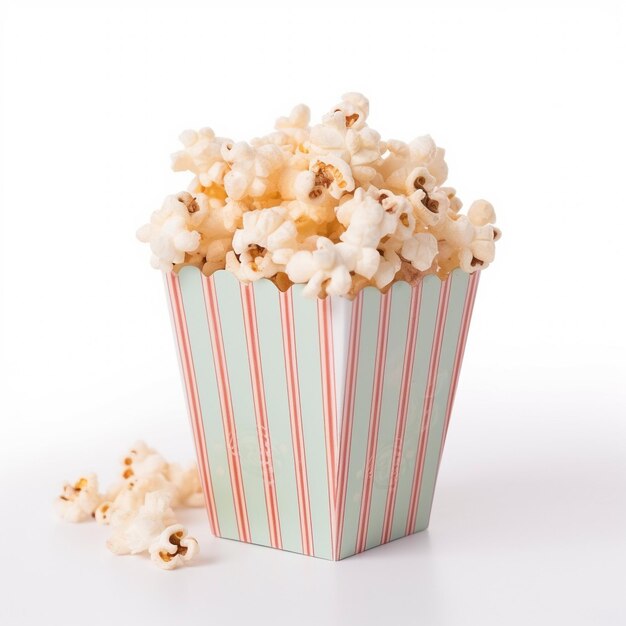 Popcorn in gestreepte emmer geïsoleerd op een witte pagina