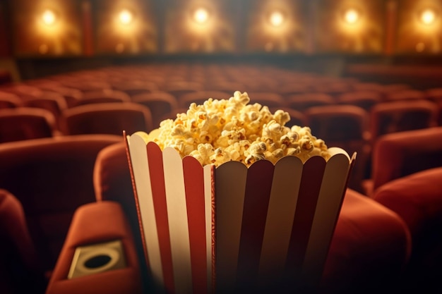 Popcorn in gestreepte emmer in de bioscoop Cinema achtergrond 3D rendering