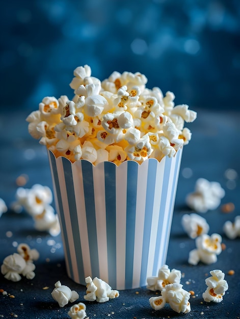 Popcorn in gestreepte witte en blauwe papieren glas professionele voedsel shot van hoge kwaliteit