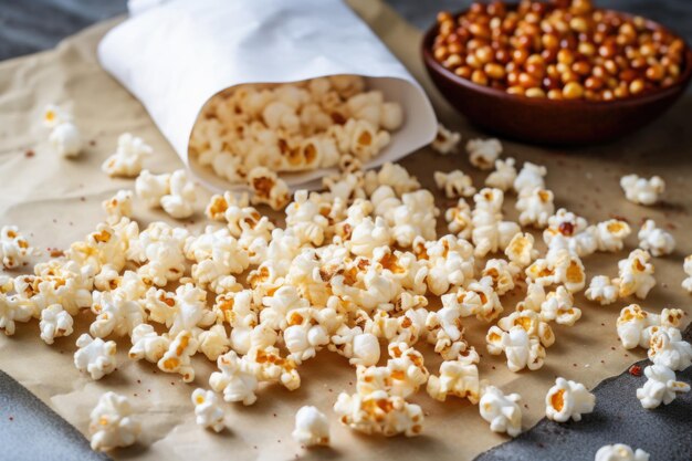 Popcorn kernels and popped popcorn on some parchment paper