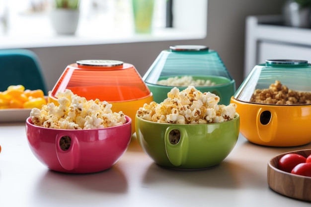 Popcorn maker with a variety of colorful bowls for serving