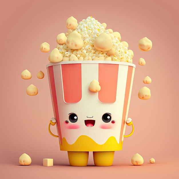 Foto popcorn mascotte kawaii ai gegenereerd personage cartoon zoete of zoute popping film leuke snack met schattig gezicht handen en benen voedsel voor tv-series en cinema kijken naar schattige emoticon