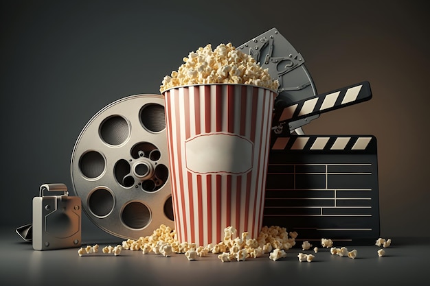 Popcorn met boter en filmstrook op een grijze achtergrond Generatieve AI 1