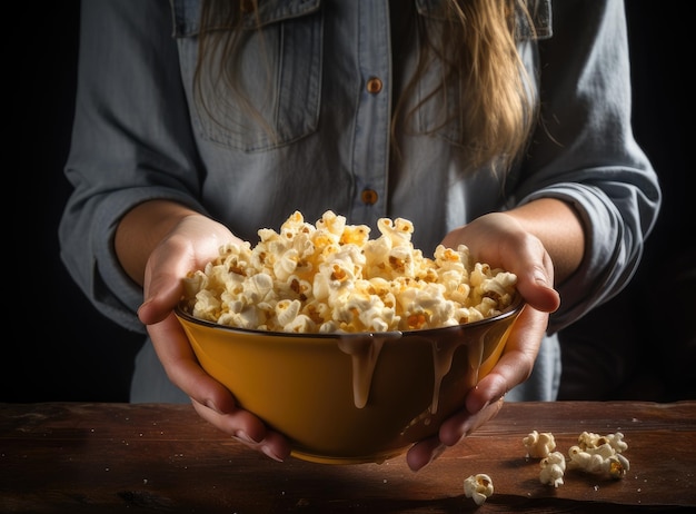 Photo popcorn paper bucket in the hands of a young girl preparing to watch a movie showtime eating