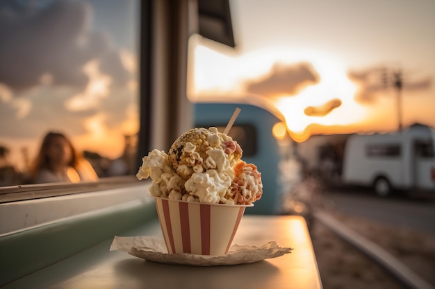 Popcorn in a paper cup on a table