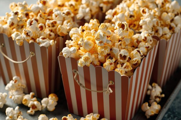 Photo popcorn popping in striped cardboard bucket professional advertising food photography