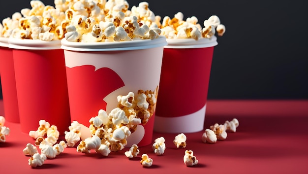 Popcorn in a red cup with the word popcorn on it