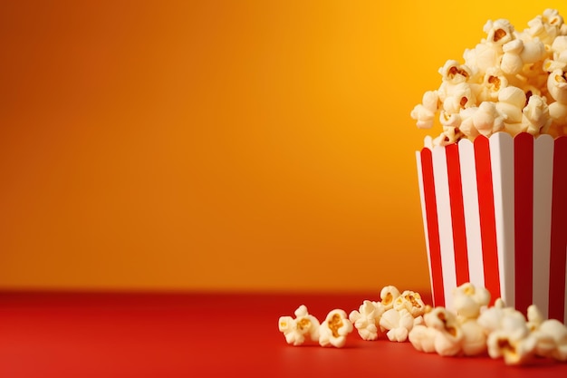 Popcorn in a red striped box on a red background with copy space