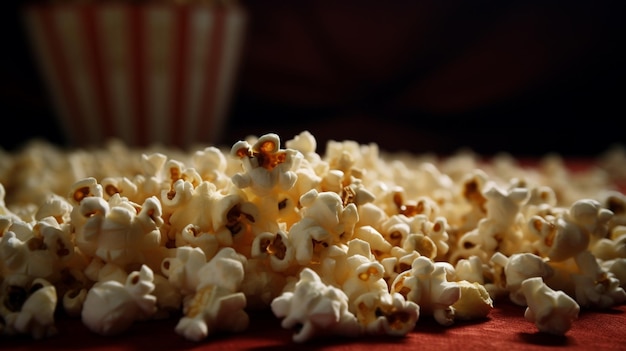 Popcorn on a red table with a bucket of popcorn in the background