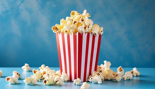 Photo popcorn in red and white cardboard box on blue background