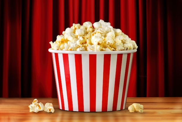 Popcorn in red and white striped paper bucket at the cinema