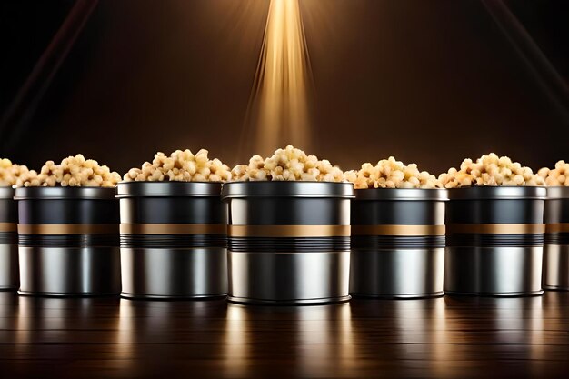 Popcorn in a row with a spotlight on the back