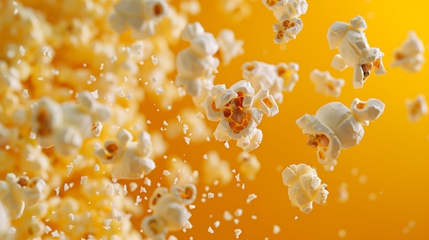 Popcorn scattered pop corn background isolated on yellow movie night concept