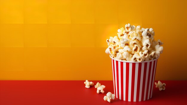 Popcorn in a striped box with a red backdrop and empty space top view flavors generative ai