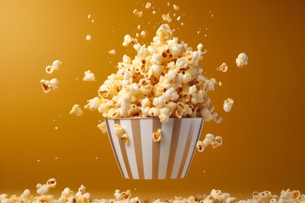 Popcorn in a striped box with a yellow background