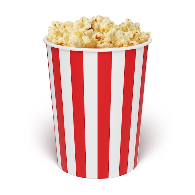 Popcorn in striped bucket isolated on white background