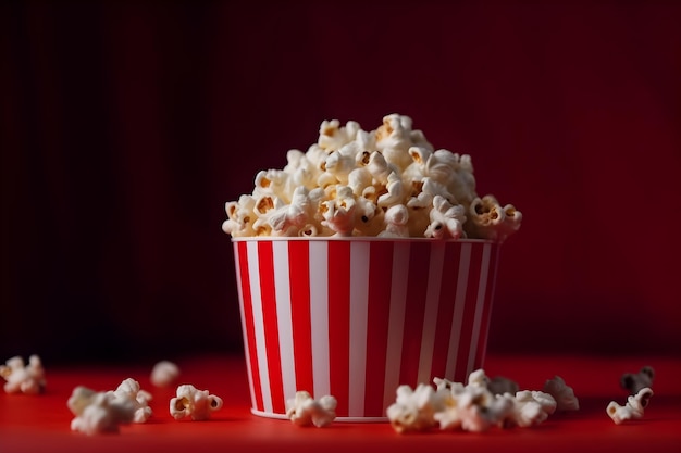 Popcorn in a striped bucket on a red background