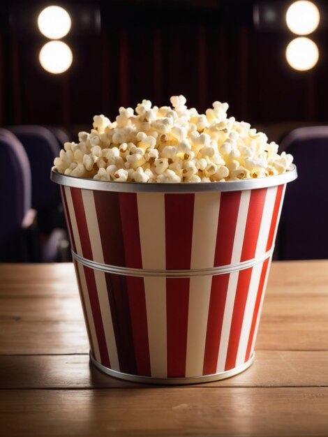 Popcorn in a striped bucket on a wooden table