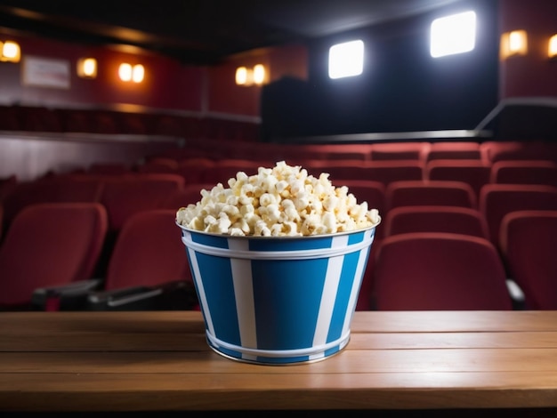 Popcorn in a striped bucket on a wooden table