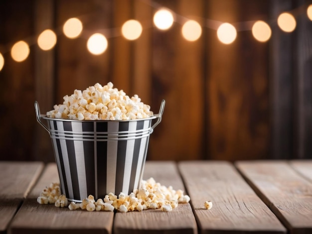 Popcorn in a striped bucket on a wooden table