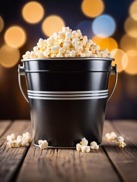 Popcorn in a striped bucket on a wooden table