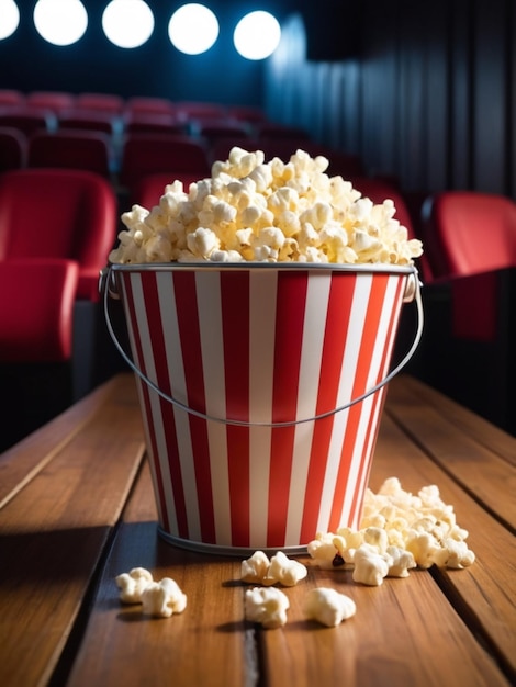 Popcorn in a striped bucket on a wooden table