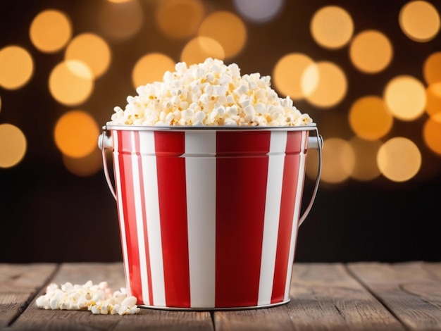 Popcorn in a striped bucket on a wooden table