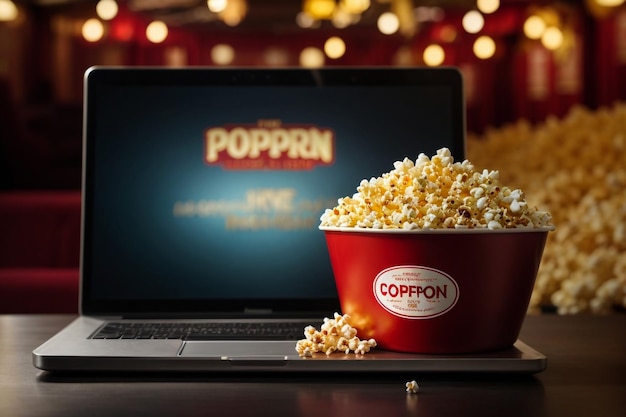 Popcorn in striped buckets on wooden table Cinema concept